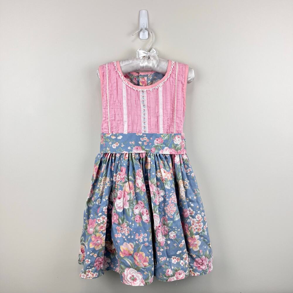 Vintage Pink Blue Floral Sleeveless Dress Toddler Girl